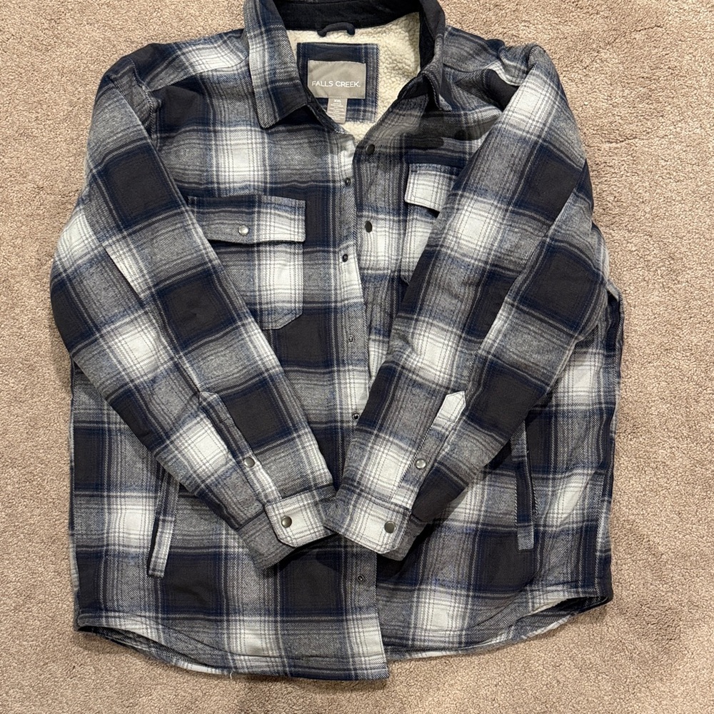 Falls Creek Navy and Gray Plaid Sherpa-Lined Shacket